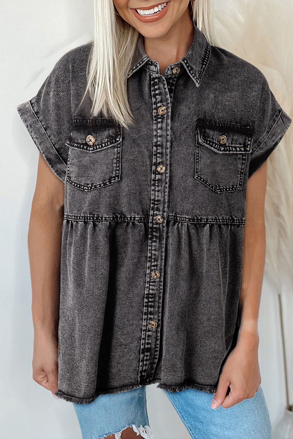 Stylish Casual Black Denim Shirt with Flap Pockets and Button Closure - Detail View 10 Stylish Casual Black Denim Shirt with Flap Pockets and Button Closure - Detail View 10