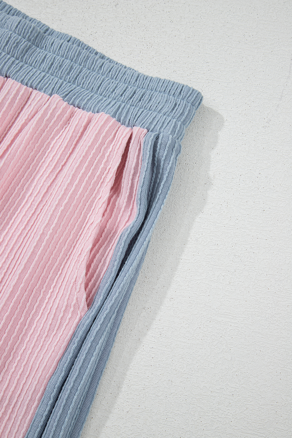Women's Pink Corded Colorblock Patchwork Short Sleeve Top and Loose Pants Set - Detail View 13 Women's Pink Corded Colorblock Patchwork Short Sleeve Top and Loose Pants Set - Detail View 13