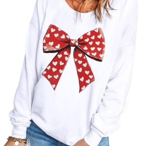 Women's White Heart Bow Printed Round Neck Pullover Sweatshirt for Valentine's Day - Main View