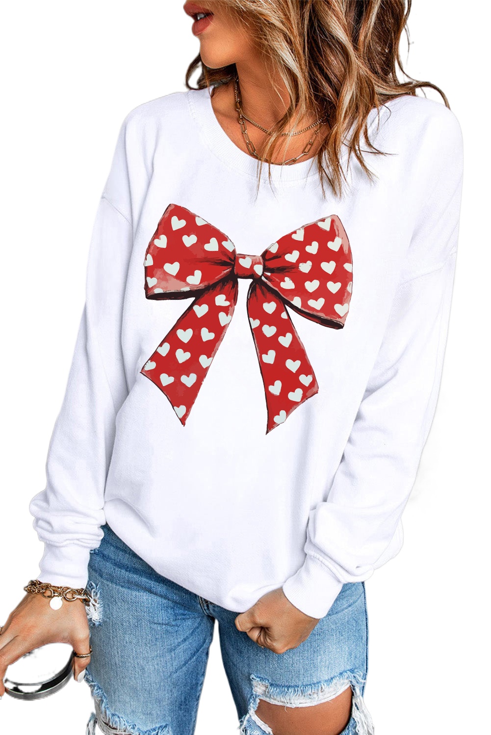 Women's White Heart Bow Printed Round Neck Pullover Sweatshirt for Valentine's Day - Main View Women's White Heart Bow Printed Round Neck Pullover Sweatshirt for Valentine's Day - Main View