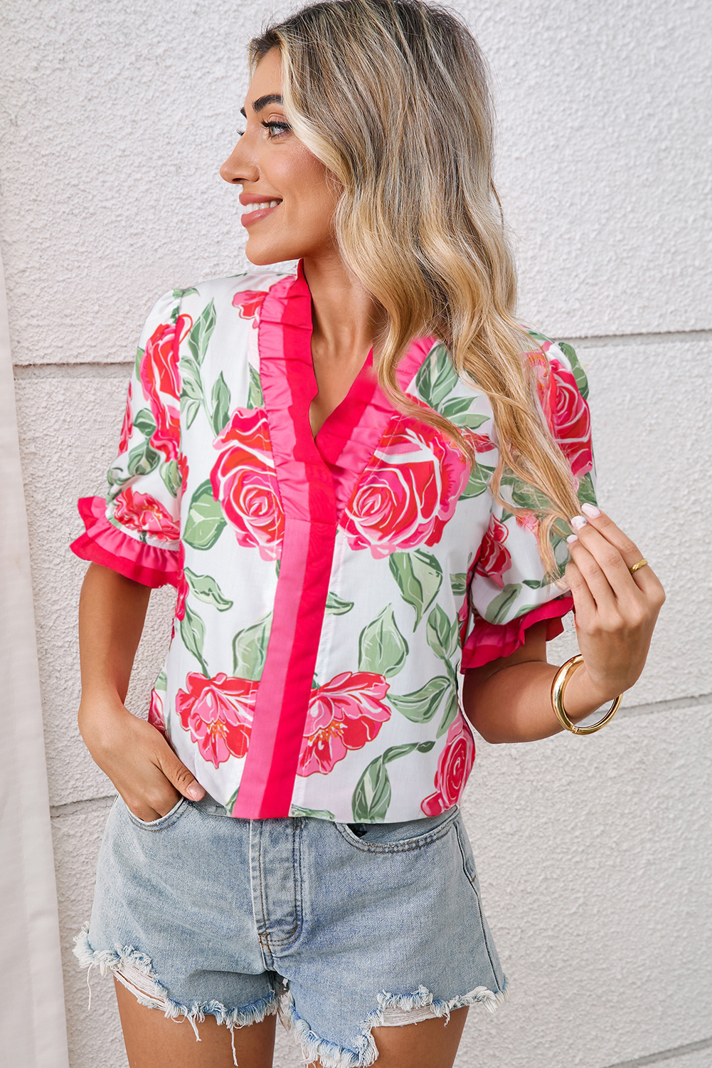 Vibrant Pink Floral Top with Frills - Casual Short Sleeve Blouse for Daily Wear - Detail View 3 Vibrant Pink Floral Top with Frills - Casual Short Sleeve Blouse for Daily Wear - Detail View 3