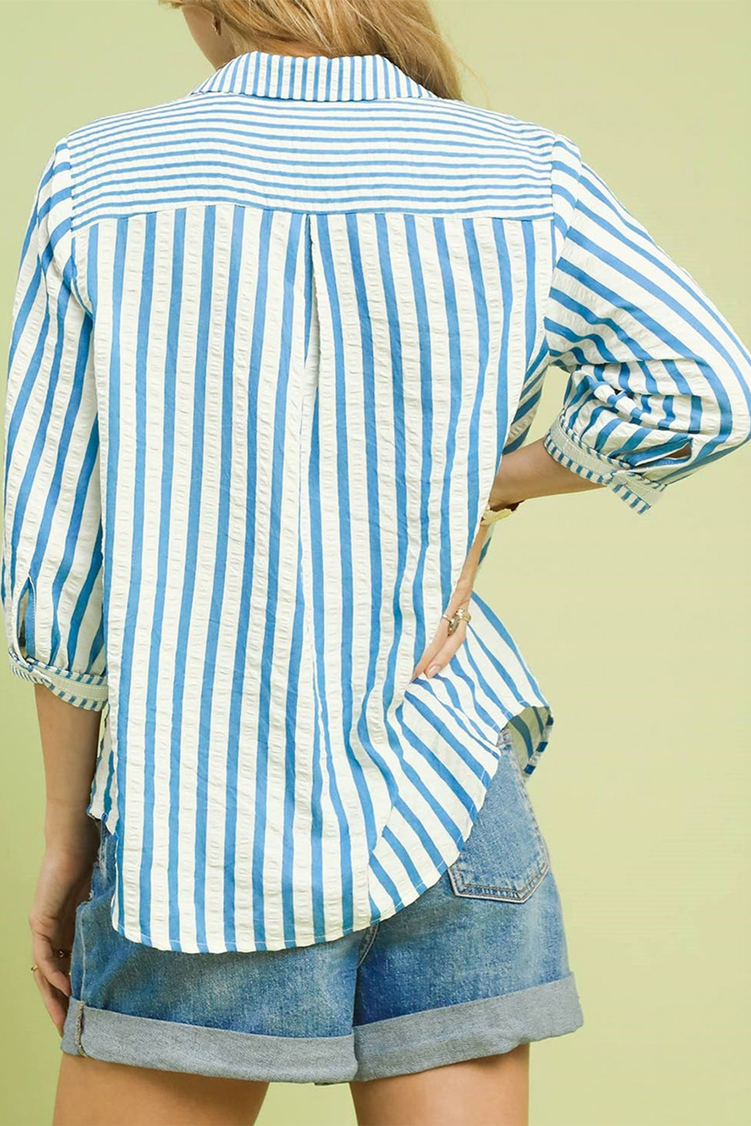 Striped 3/4 Sleeve Women's Shirt, Sky Blue Textured Cotton Blend Summer Blouse for Vacation - Detail View 2 Striped 3/4 Sleeve Women's Shirt, Sky Blue Textured Cotton Blend Summer Blouse for Vacation - Detail View 2