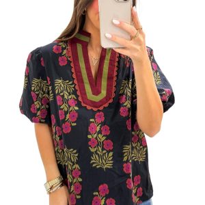 Women's Black Floral Blouse – Short Bubble Sleeve with Slit Neckline for Casual Summer Style - Main View