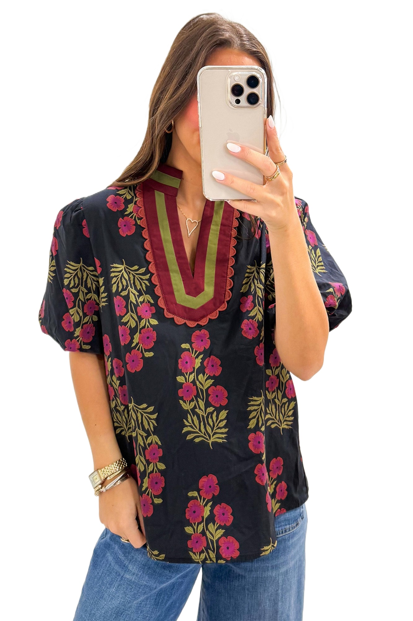 Women's Black Floral Blouse – Short Bubble Sleeve with Slit Neckline for Casual Summer Style - Main View Women's Black Floral Blouse – Short Bubble Sleeve with Slit Neckline for Casual Summer Style - Main View