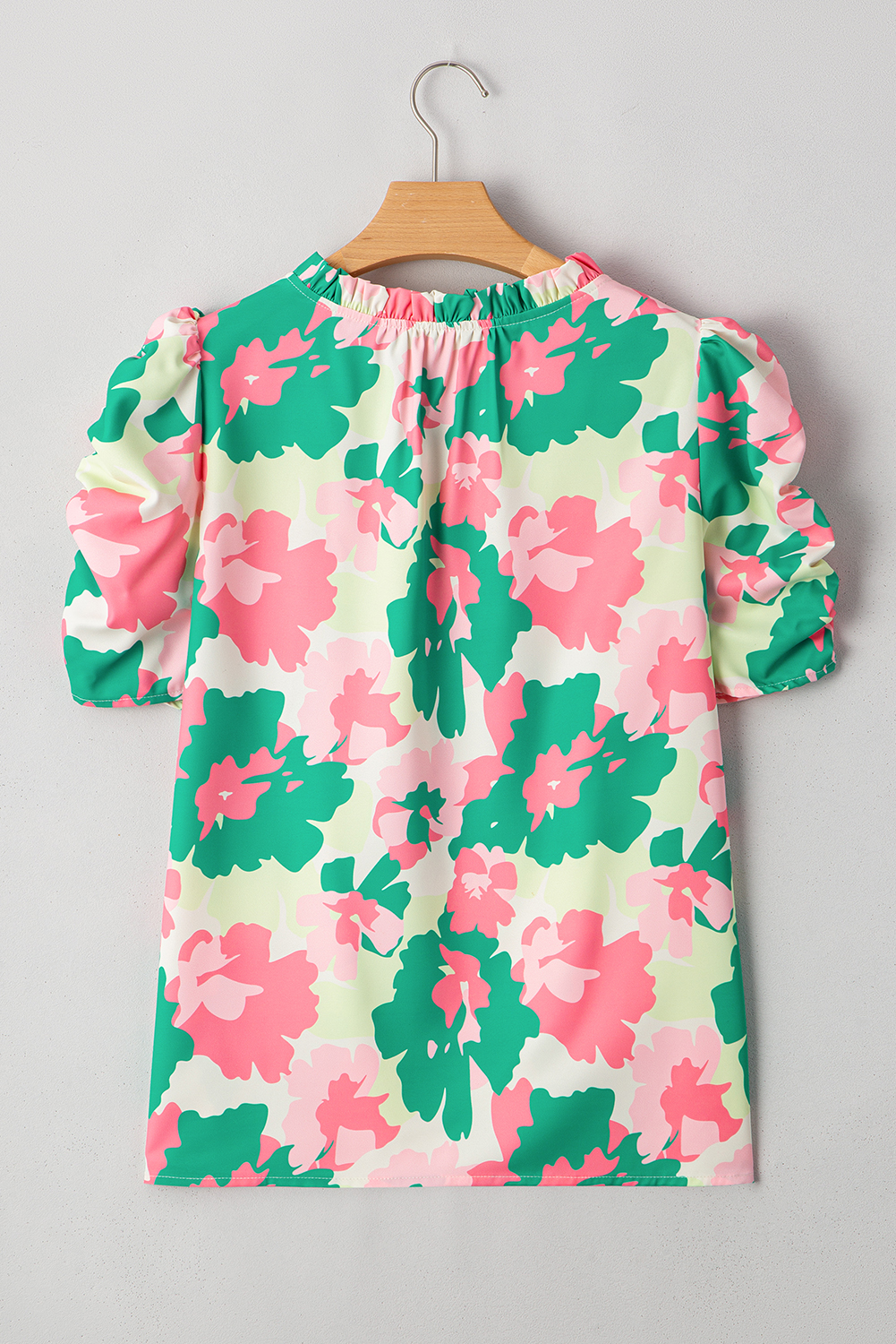 Stylish Summer Blouse with Frilled Round Neck and Ruched Sleeves - Green Abstract Pattern - Detail View 6 Stylish Summer Blouse with Frilled Round Neck and Ruched Sleeves - Green Abstract Pattern - Detail View 6