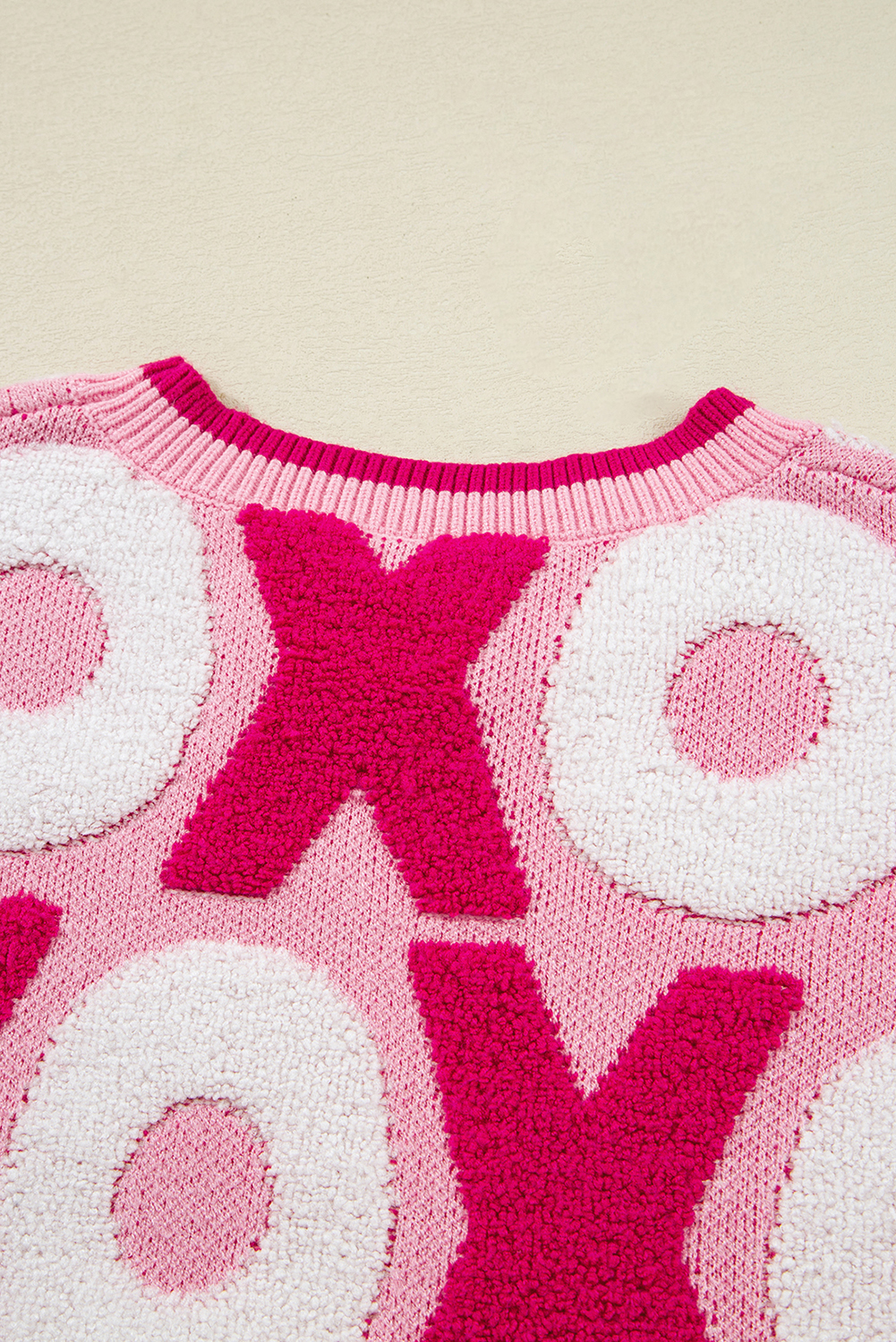 Women's Long Sleeve XOXO Sweater in Pink – Festive Winter Casual - Detail View 6 Women's Long Sleeve XOXO Sweater in Pink – Festive Winter Casual - Detail View 6