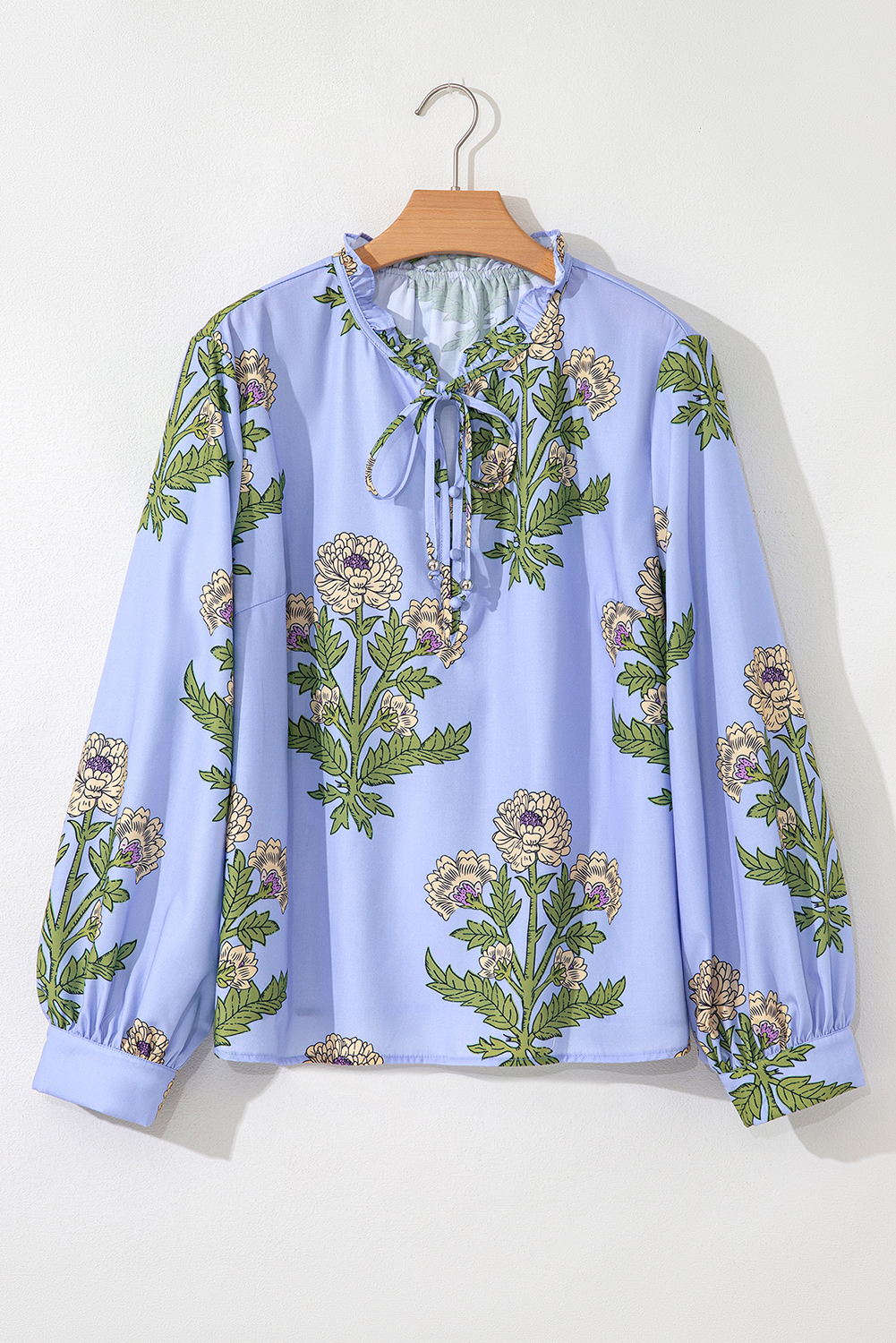 Casual Fit and Flare Blouse - Sky Blue Floral Design for Spring Occasions - Detail View 3 Casual Fit and Flare Blouse - Sky Blue Floral Design for Spring Occasions - Detail View 3