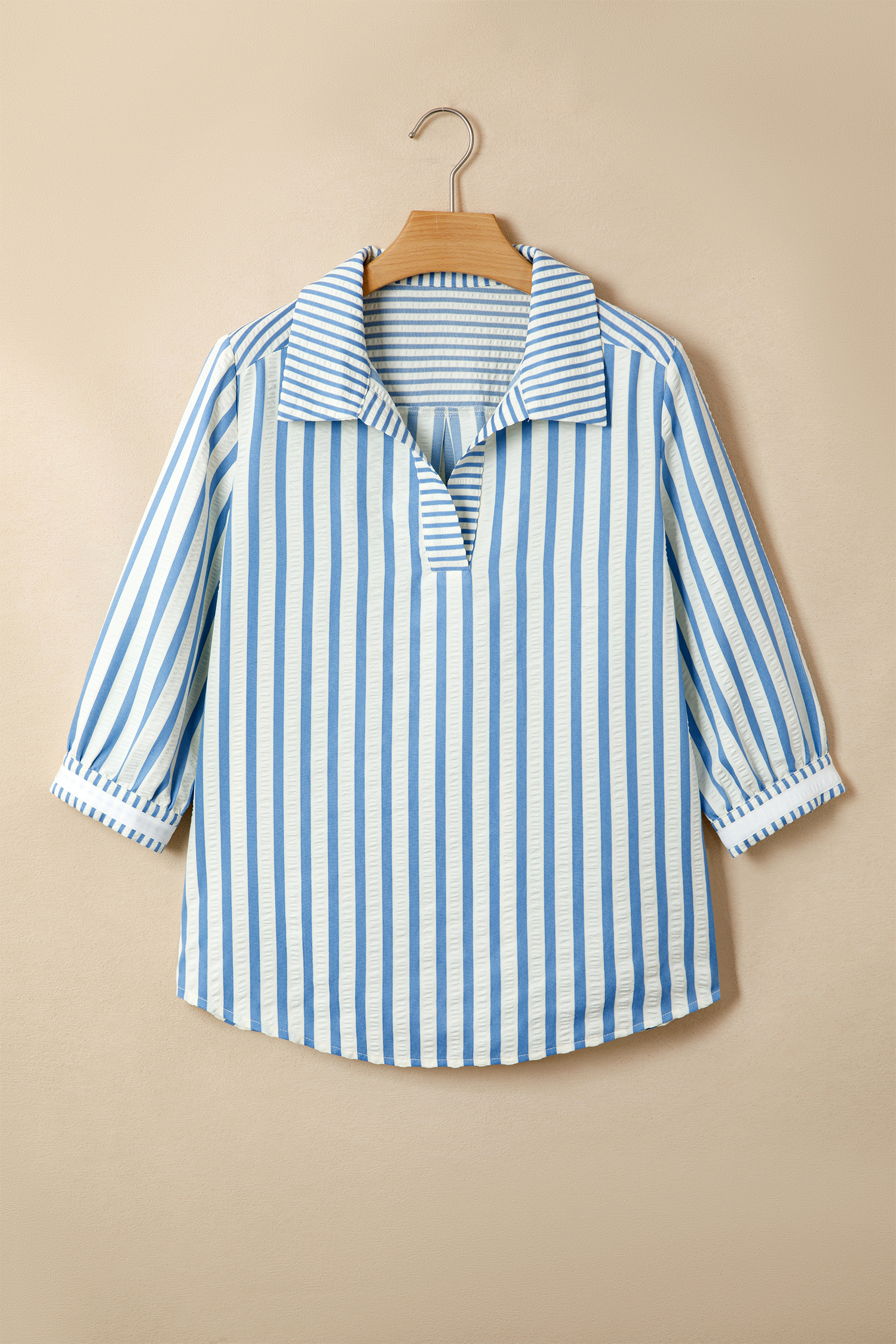 Striped 3/4 Sleeve Women's Shirt, Sky Blue Textured Cotton Blend Summer Blouse for Vacation - Detail View 5 Striped 3/4 Sleeve Women's Shirt, Sky Blue Textured Cotton Blend Summer Blouse for Vacation - Detail View 5