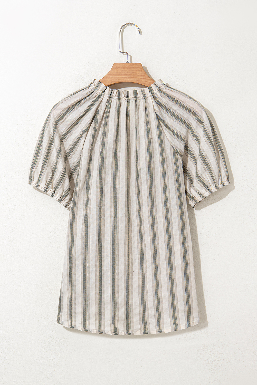 Women's Blouse, Gray Stripe, Ruffled Tie Neck, Short Sleeve, Casual Style, Summer Top, Puff Sleeves, Elastic Cuffs, Fashionable, Easy to Match, 100% Cotton, Daily Wear, Tops & Blouses - Detail View 8 Women's Blouse, Gray Stripe, Ruffled Tie Neck, Short Sleeve, Casual Style, Summer Top, Puff Sleeves, Elastic Cuffs, Fashionable, Easy to Match, 100% Cotton, Daily Wear, Tops & Blouses - Detail View 8