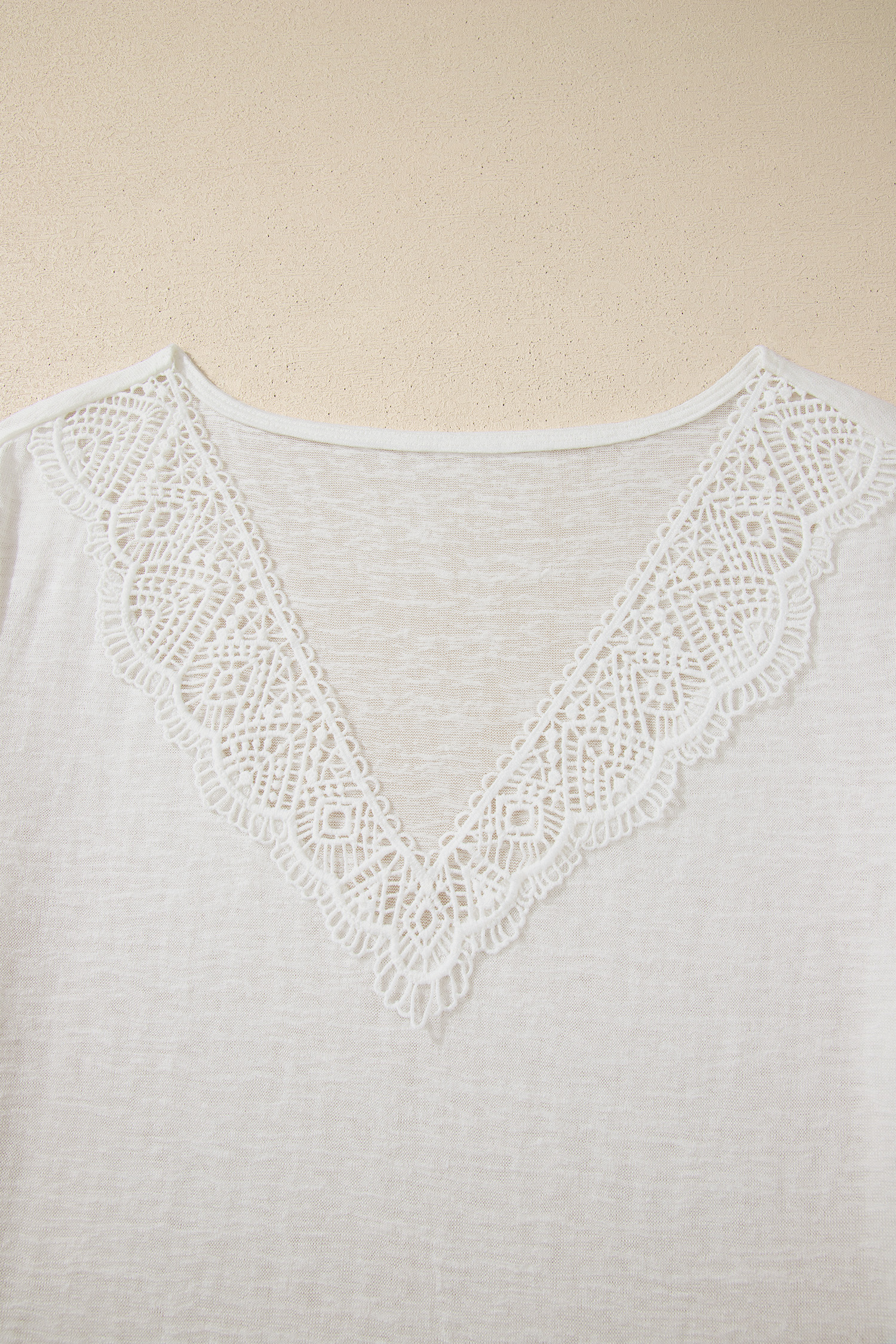 Summer Women's Lace Trim V-Neck Tee – Lightweight Short Sleeve Shift Shirt in White - Detail View 5 Summer Women's Lace Trim V-Neck Tee – Lightweight Short Sleeve Shift Shirt in White - Detail View 5