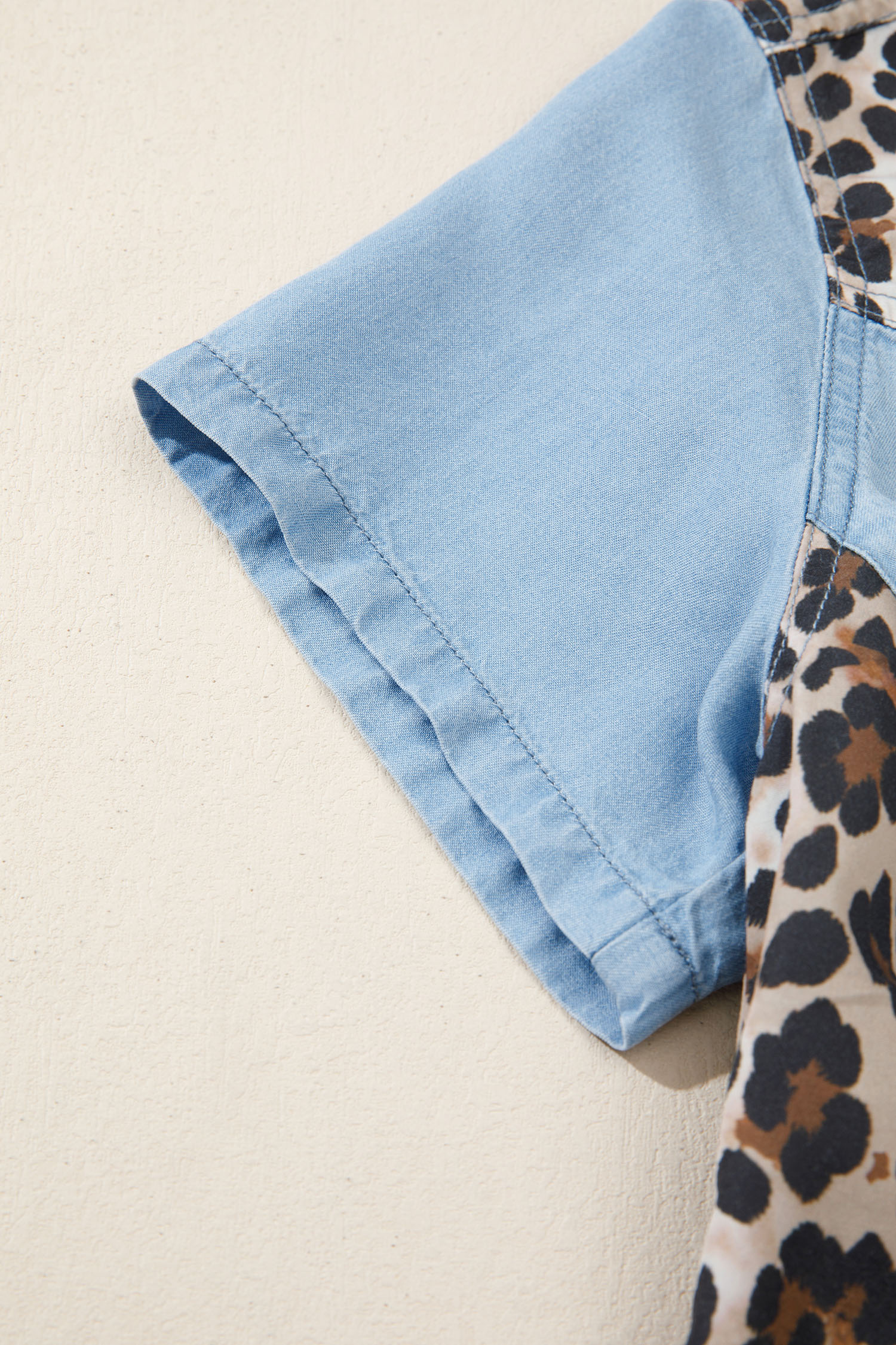 Casual Leopard Patchwork Denim Shirt Dress – Short Sleeve Shift Mini Dress for Women, Summer Style - Detail View 8 Casual Leopard Patchwork Denim Shirt Dress – Short Sleeve Shift Mini Dress for Women, Summer Style - Detail View 8