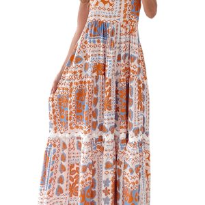 Women's Orange Multi Printed Maxi Dress with Ricrac Trim and Spaghetti Straps - Main View