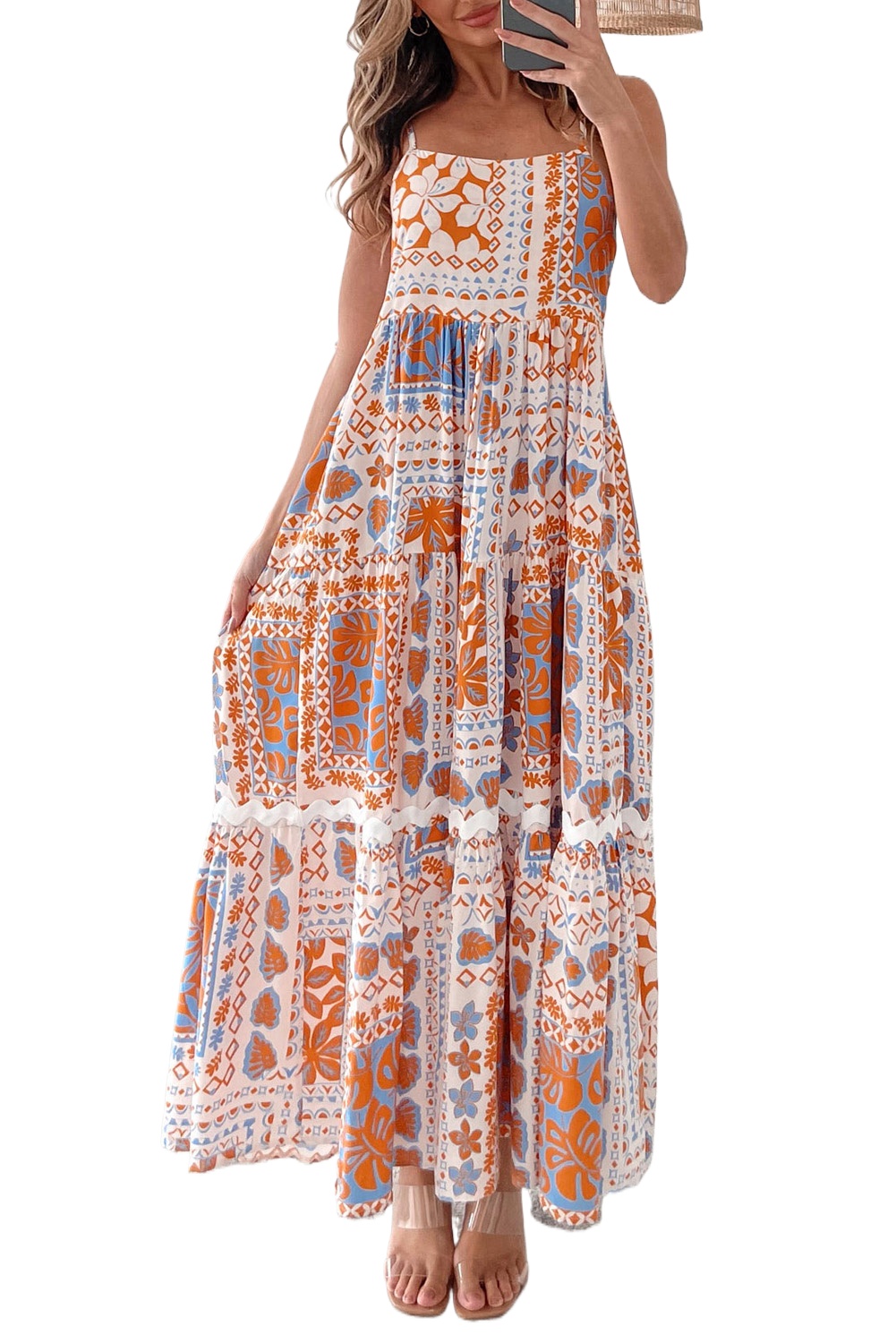 Women's Orange Multi Printed Maxi Dress with Ricrac Trim and Spaghetti Straps - Main View Women's Orange Multi Printed Maxi Dress with Ricrac Trim and Spaghetti Straps - Main View