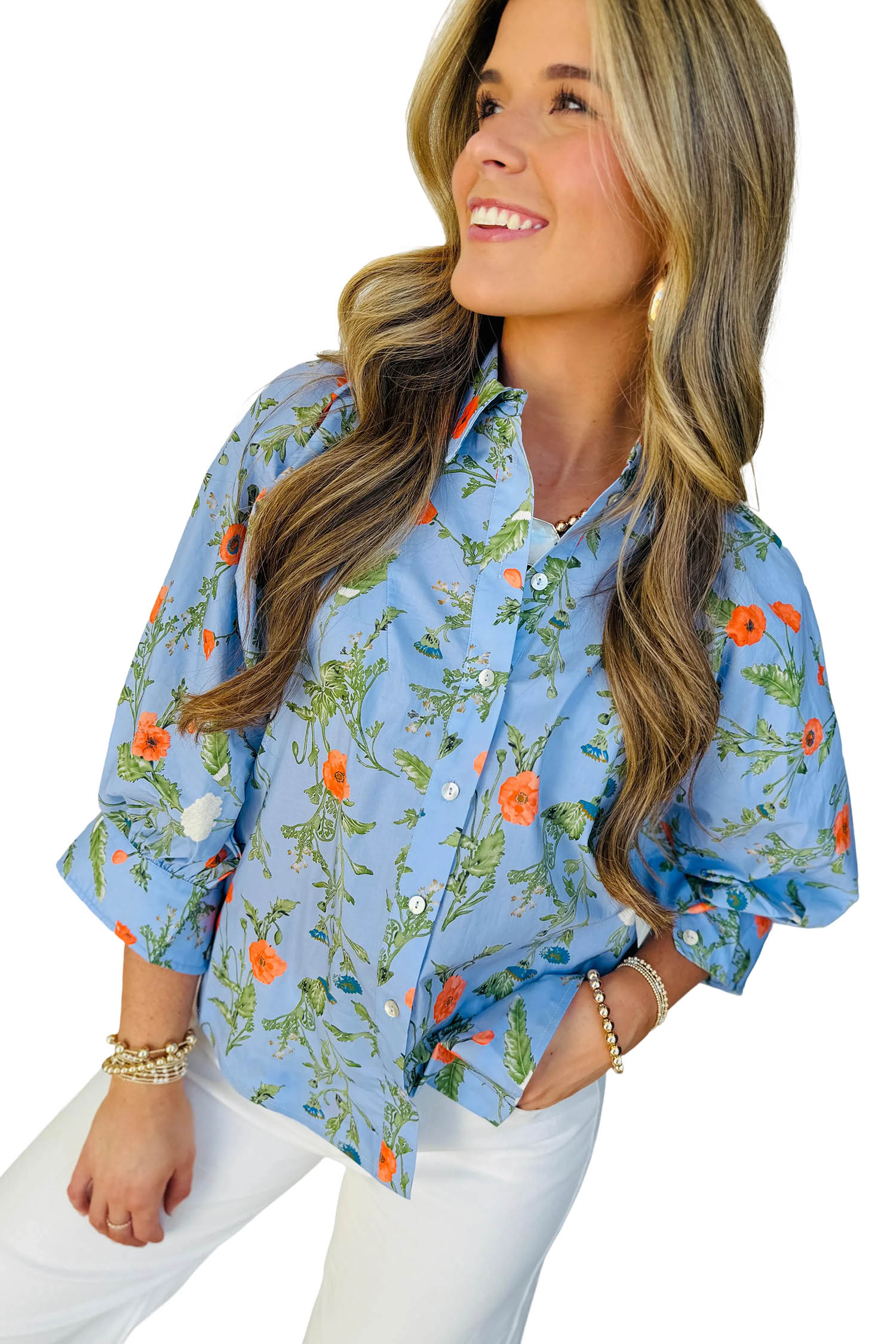 Women's Country Floral Print Shirt, Sky Blue Casual Top - Detail View 5 Women's Country Floral Print Shirt, Sky Blue Casual Top - Detail View 5