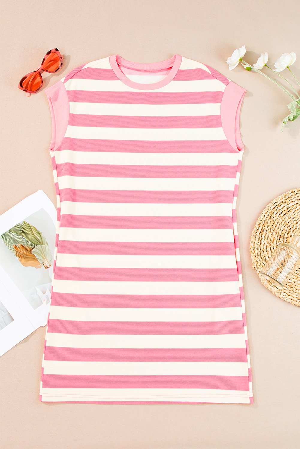 Casual Pink Stripe Shift Dress for Women – Sleeveless T-Shirt Style for Daily Wear - Detail View 2 Casual Pink Stripe Shift Dress for Women – Sleeveless T-Shirt Style for Daily Wear - Detail View 2