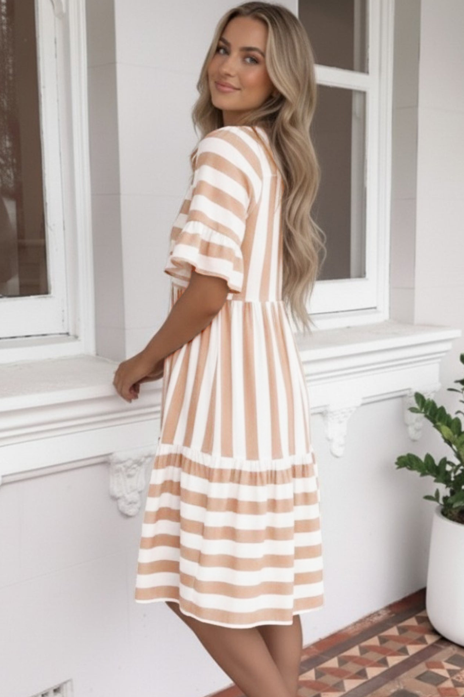 Chic Women's Khaki Stripe A-Line Dress – Ruffle Trim Half Sleeve Casual Summer Outfit - Detail View 6 Chic Women's Khaki Stripe A-Line Dress – Ruffle Trim Half Sleeve Casual Summer Outfit - Detail View 6