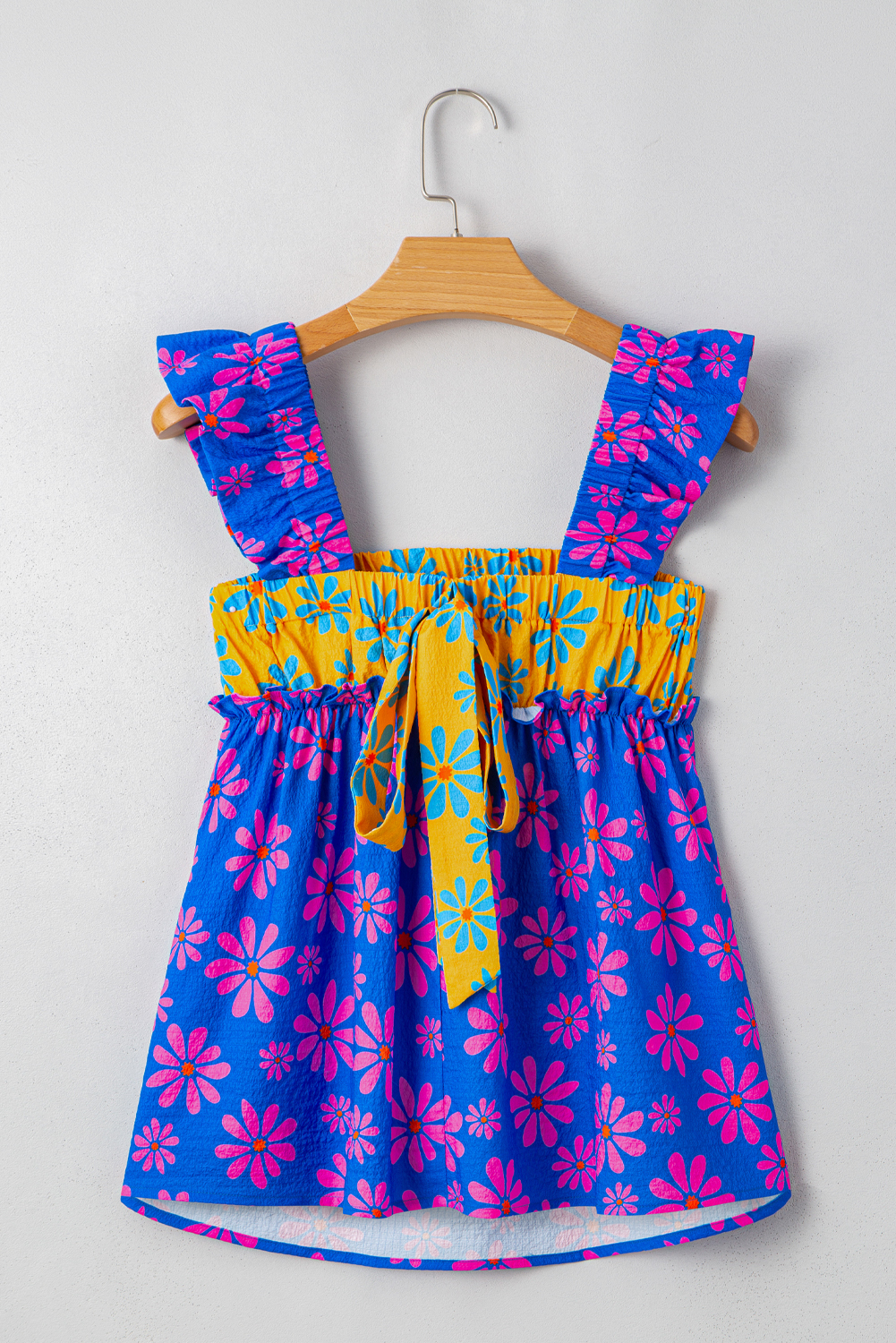Women's Blue Floral Colorblock Flutter Straps Flowy Tank Top for Summer - Detail View 5 Women's Blue Floral Colorblock Flutter Straps Flowy Tank Top for Summer - Detail View 5
