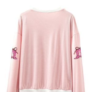 Women's Pink Stripe Sequin Cowgirl T-Shirt – Casual Long Sleeve Round Neck Top - Main View