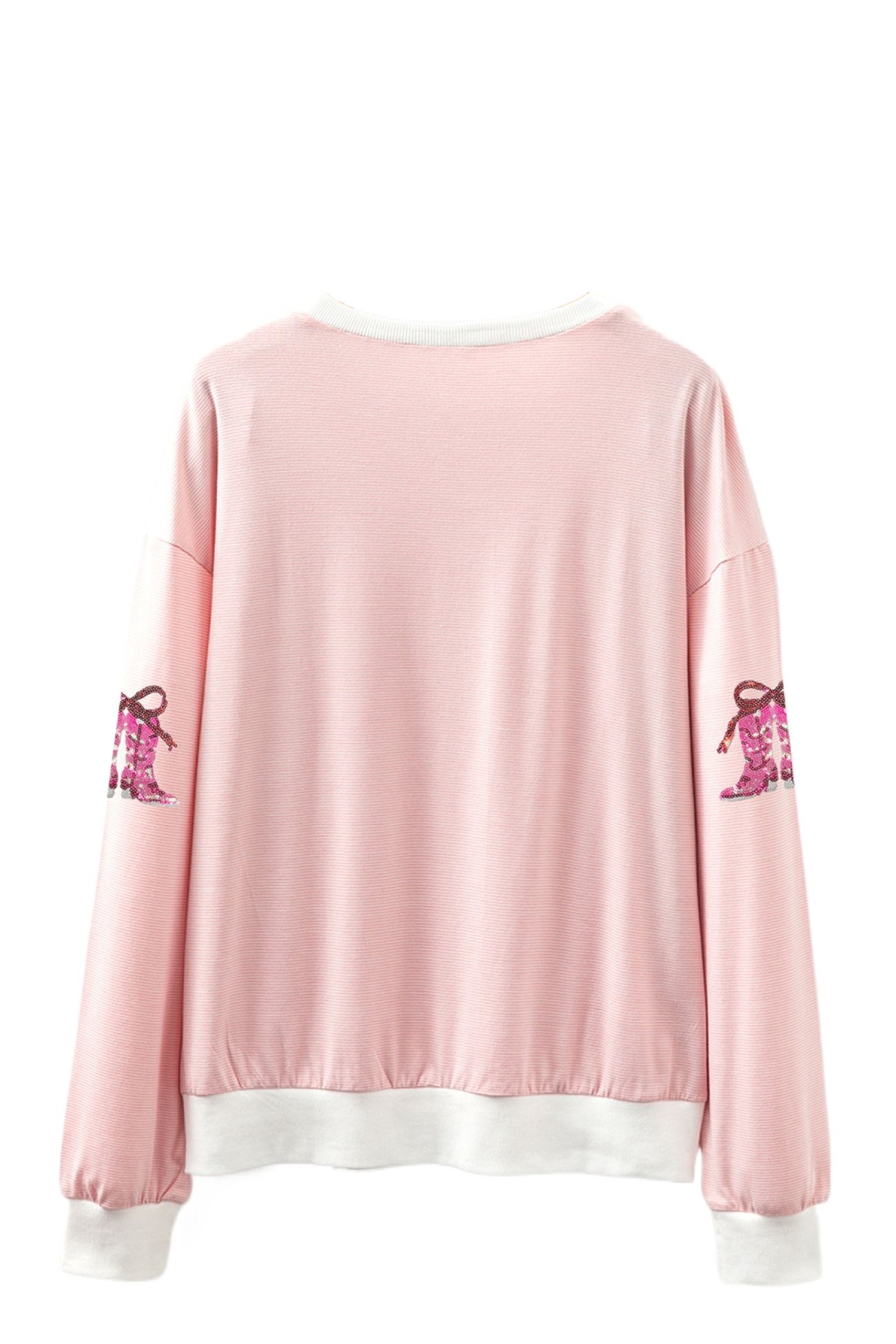 Women's Pink Stripe Sequin Cowgirl T-Shirt – Casual Long Sleeve Round Neck Top - Main View Women's Pink Stripe Sequin Cowgirl T-Shirt – Casual Long Sleeve Round Neck Top - Main View