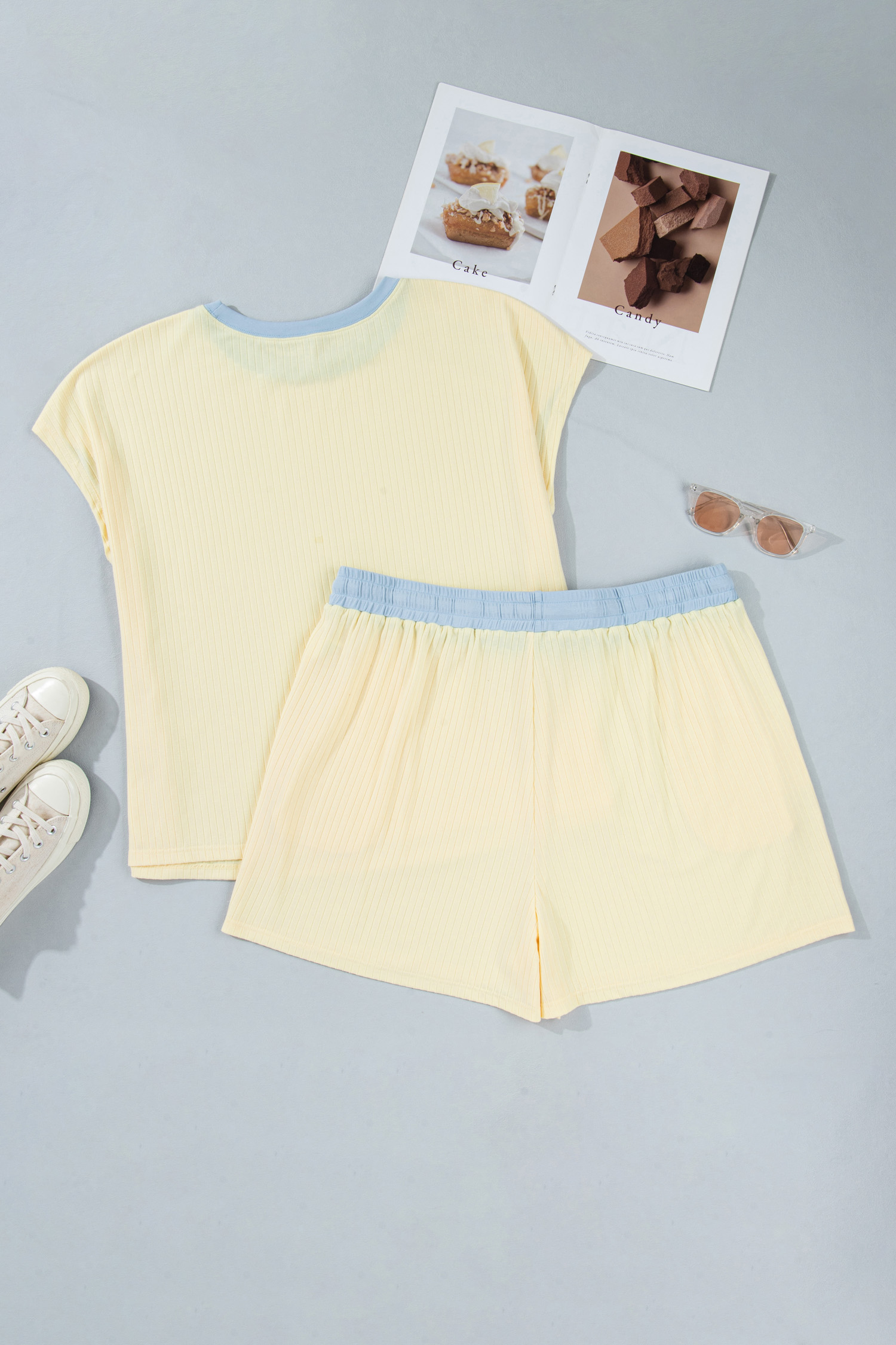 Plus Size Women's Casual Ribbed Short Set – Yellow Cream Drawstring Top & Shorts for Summer Comfort - Detail View 5 Plus Size Women's Casual Ribbed Short Set – Yellow Cream Drawstring Top & Shorts for Summer Comfort - Detail View 5