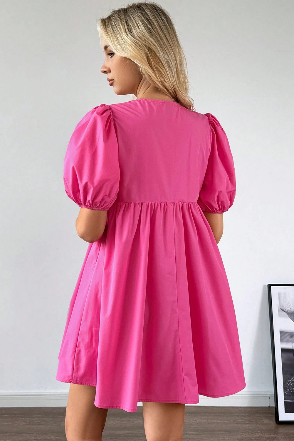 Cute and Chic Bright Pink Solid Color Mini Dress with Puff Sleeves - Detail View 2 Cute and Chic Bright Pink Solid Color Mini Dress with Puff Sleeves - Detail View 2
