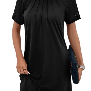 Chic Black Contrast Lace Raglan Sleeve Pleated Shift Dress - Main View