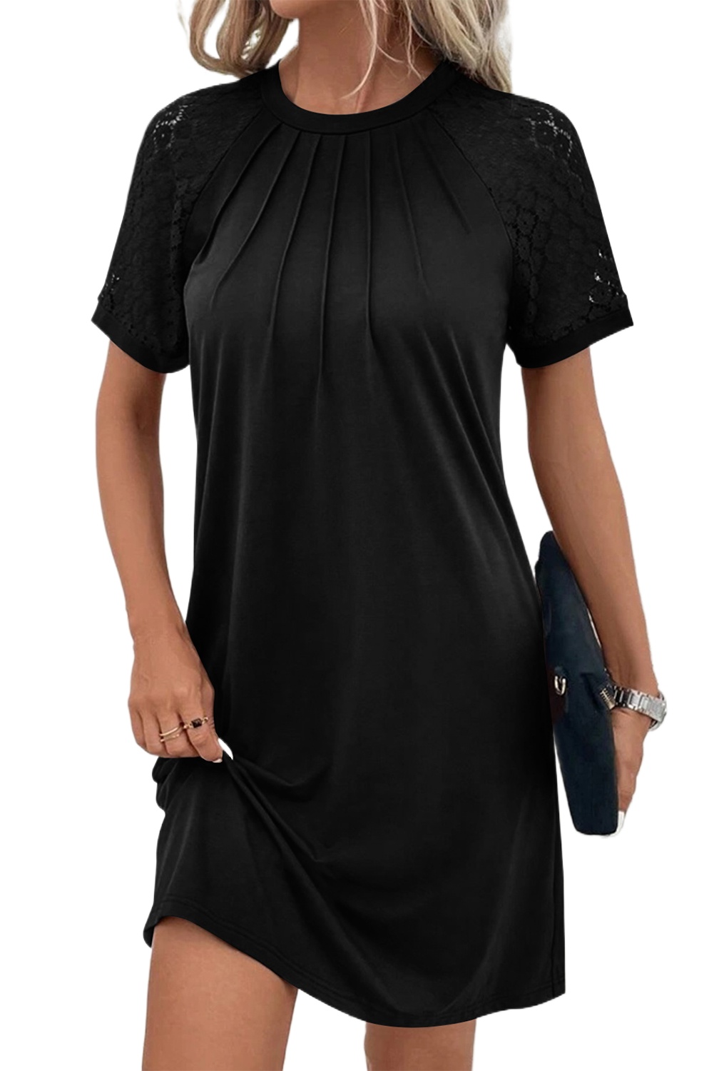 Chic Black Contrast Lace Raglan Sleeve Pleated Shift Dress - Main View Chic Black Contrast Lace Raglan Sleeve Pleated Shift Dress - Main View