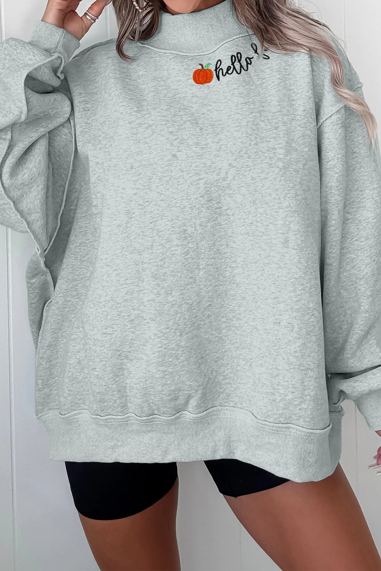 Gray Mock Neck Fall Sweatshirt, Embroidered Lettering Detail - Detail View 5 Gray Mock Neck Fall Sweatshirt, Embroidered Lettering Detail - Detail View 5