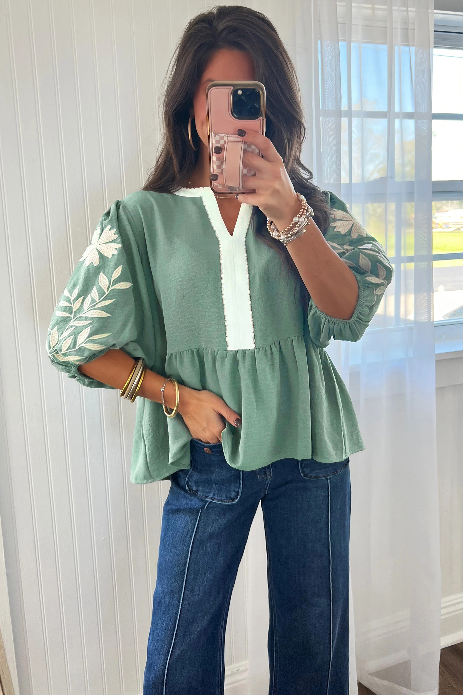 Trendy Women's Smoke Green Color Block Babydoll Blouse – Perfect for Daily Wear - Detail View 6 Trendy Women's Smoke Green Color Block Babydoll Blouse – Perfect for Daily Wear - Detail View 6