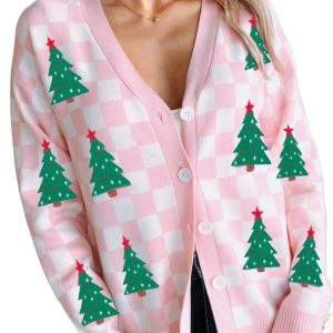 Women's Pink Checkered Christmas Tree Cardigan – Cozy V Neck Sweater for Festive Daily Wear - Main View