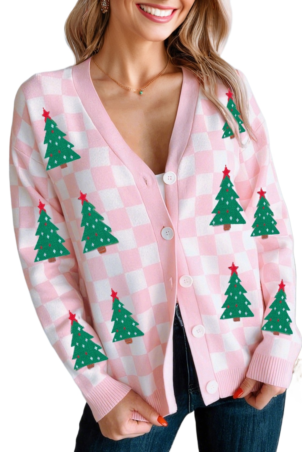Women's Pink Checkered Christmas Tree Cardigan – Cozy V Neck Sweater for Festive Daily Wear - Main View Women's Pink Checkered Christmas Tree Cardigan – Cozy V Neck Sweater for Festive Daily Wear - Main View
