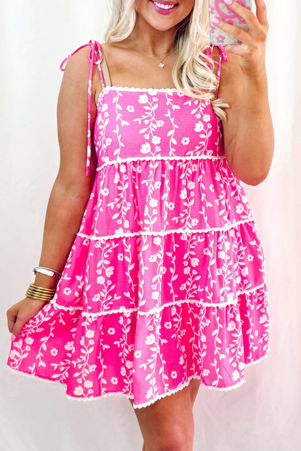 Women's Dress, Pink Floral Print, Sleeveless Mini Dress, Bohemian Style, Ric Rac Detail, Tie Shoulder, Summer Fashion, Vacation Wear, A-Line Silhouette, Youthful Charm, Flirty Dress, Daily Wear, Floral Dresses - Detail View 8 Women's Dress, Pink Floral Print, Sleeveless Mini Dress, Bohemian Style, Ric Rac Detail, Tie Shoulder, Summer Fashion, Vacation Wear, A-Line Silhouette, Youthful Charm, Flirty Dress, Daily Wear, Floral Dresses - Detail View 8