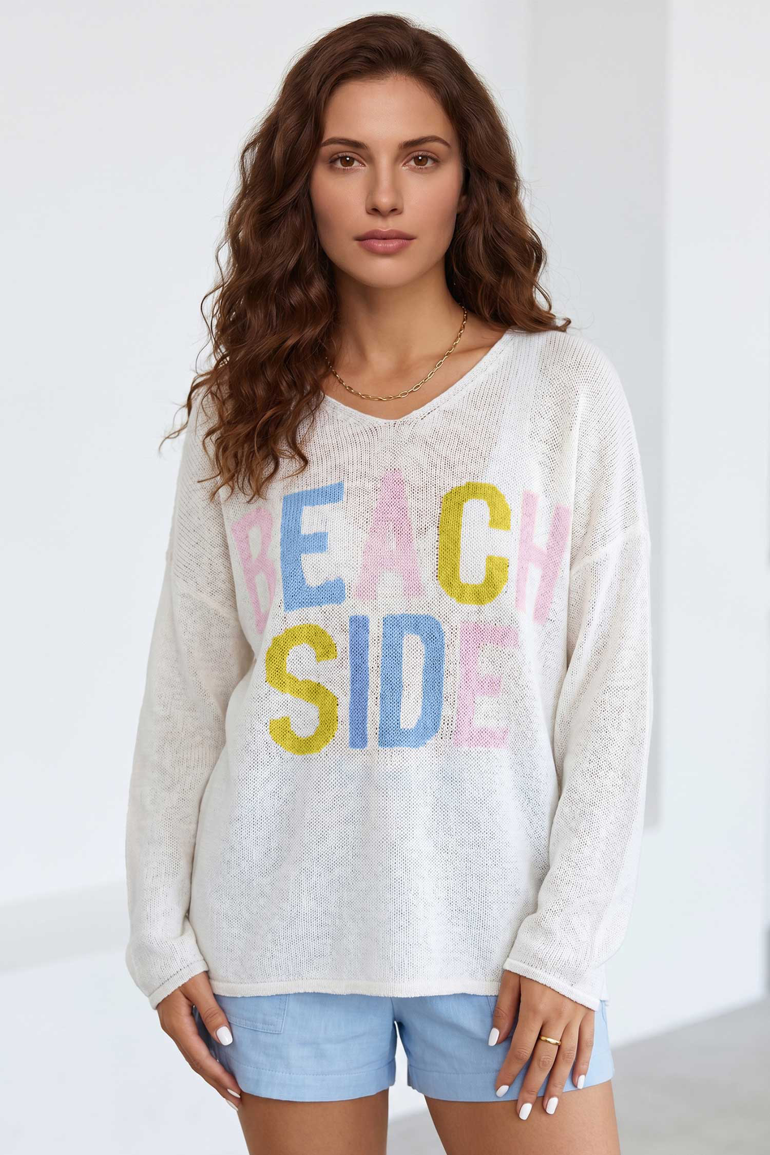Women's 100% Cotton Tunic Sweater, V Neck Vacation Knit Top - Detail View 9 Women's 100% Cotton Tunic Sweater, V Neck Vacation Knit Top - Detail View 9