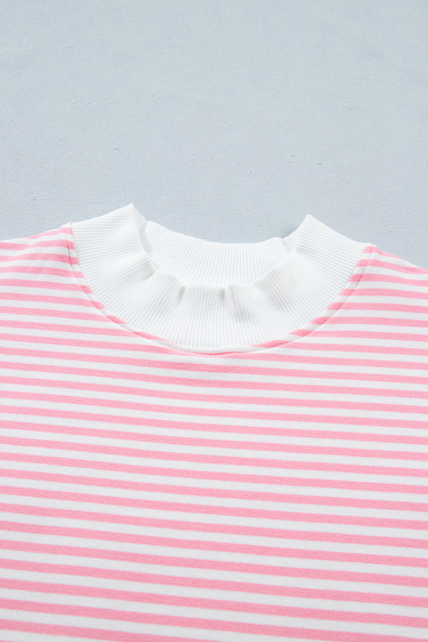 Women's Summer Lounge Set – Pink Striped Mock Neck Tee and Shorts, Comfortable 2-Piece Outfit - Detail View 6 Women's Summer Lounge Set – Pink Striped Mock Neck Tee and Shorts, Comfortable 2-Piece Outfit - Detail View 6