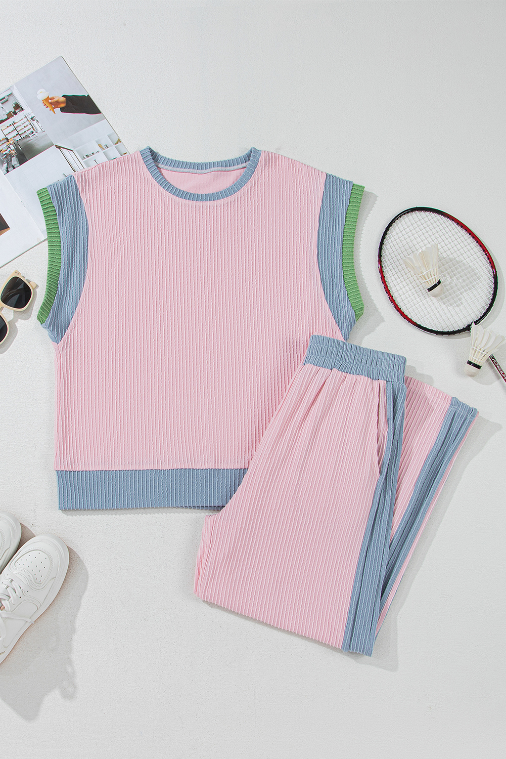 Women's Two-Piece Set, Pink Top and Pants, Colorblock Design, Short Sleeve, Casual Style, Comfortable Outfit, Loose Fit, Summer Fashion, Beachwear, Outdoor Wear, Trendy, Corded Fabric, Vacation Ready, Wide Cap Sleeves, High Waist Pants - Detail View 8 Women's Two-Piece Set, Pink Top and Pants, Colorblock Design, Short Sleeve, Casual Style, Comfortable Outfit, Loose Fit, Summer Fashion, Beachwear, Outdoor Wear, Trendy, Corded Fabric, Vacation Ready, Wide Cap Sleeves, High Waist Pants - Detail View 8