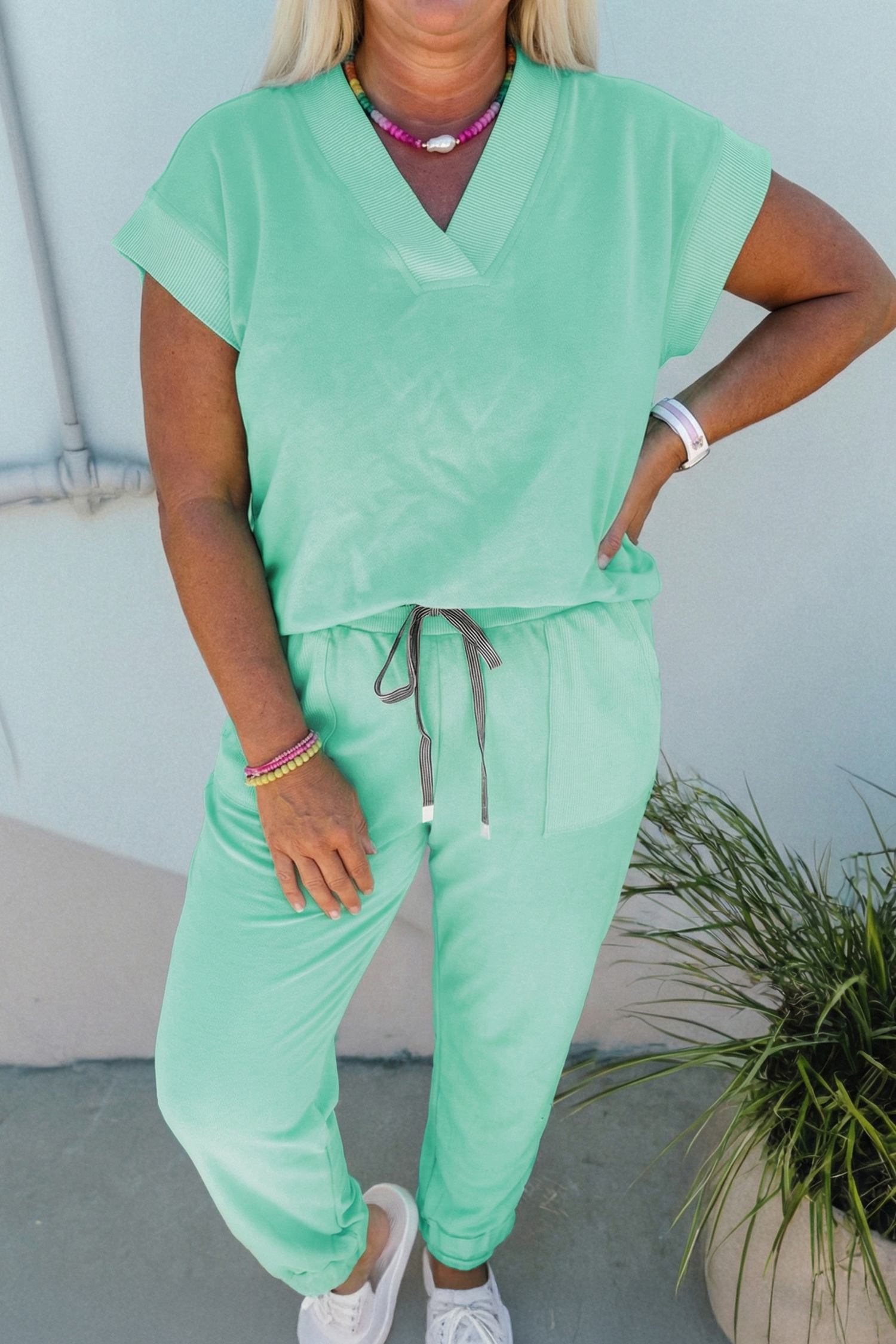 Casual Solid Color Outfits for Women – Mint Green V-Neck Top and Drawstring Jogger Pants Set - Detail View 2 Casual Solid Color Outfits for Women – Mint Green V-Neck Top and Drawstring Jogger Pants Set - Detail View 2