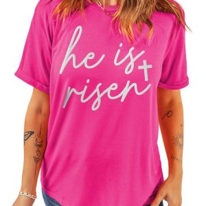 Women's Rose Red Glitter 'He Is Risen' Cross Printed Crewneck Tee for Easter - Main View