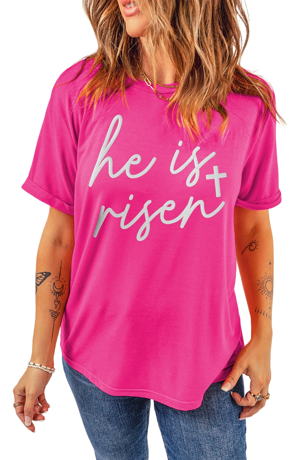 Women's Rose Red Glitter 'He Is Risen' Cross Printed Crewneck Tee for Easter - Main View Women's Rose Red Glitter 'He Is Risen' Cross Printed Crewneck Tee for Easter - Main View