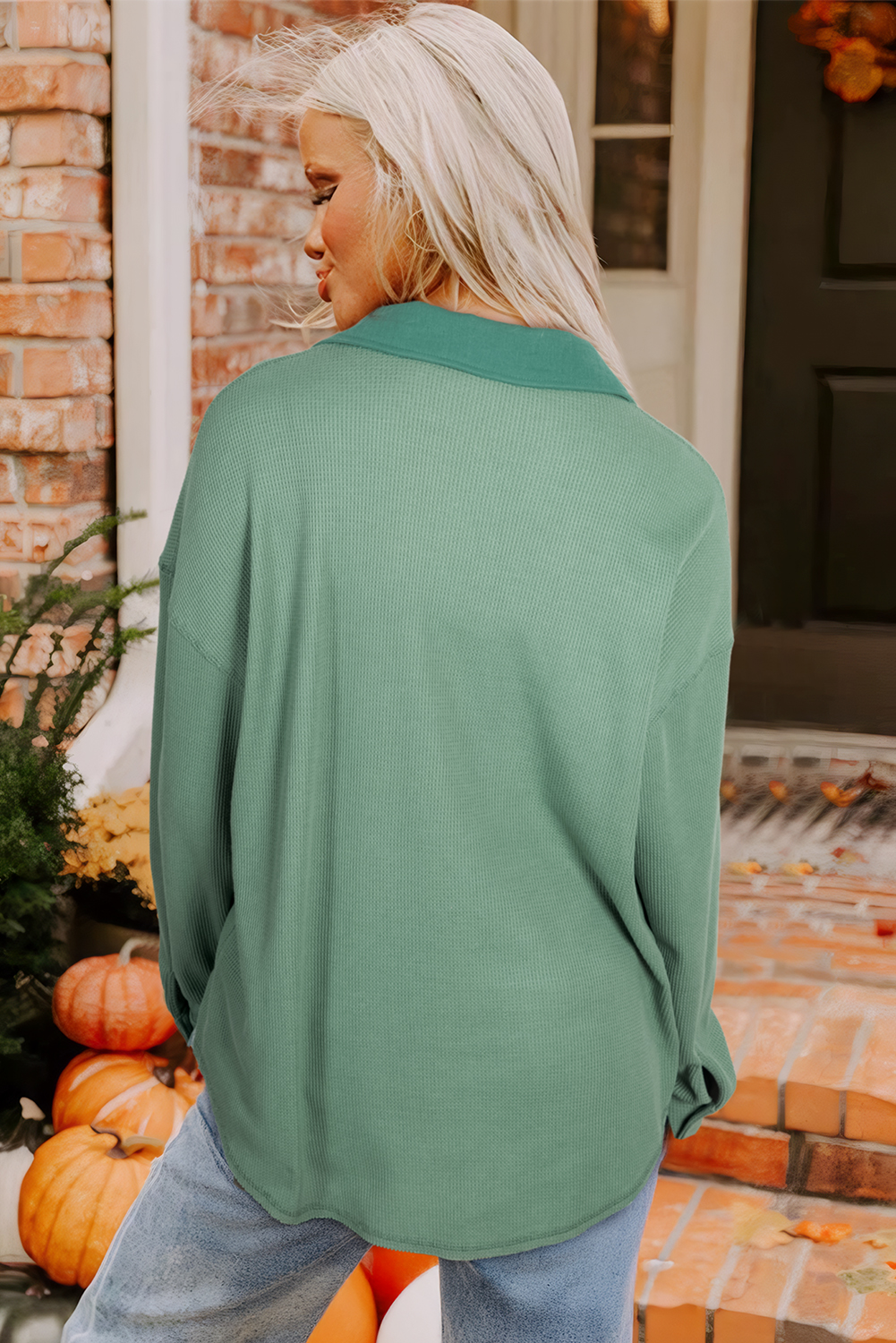Casual Long Sleeve Waffle Knit Button Up Shirt - Perfect for Fall - Detail View 2 Casual Long Sleeve Waffle Knit Button Up Shirt - Perfect for Fall - Detail View 2