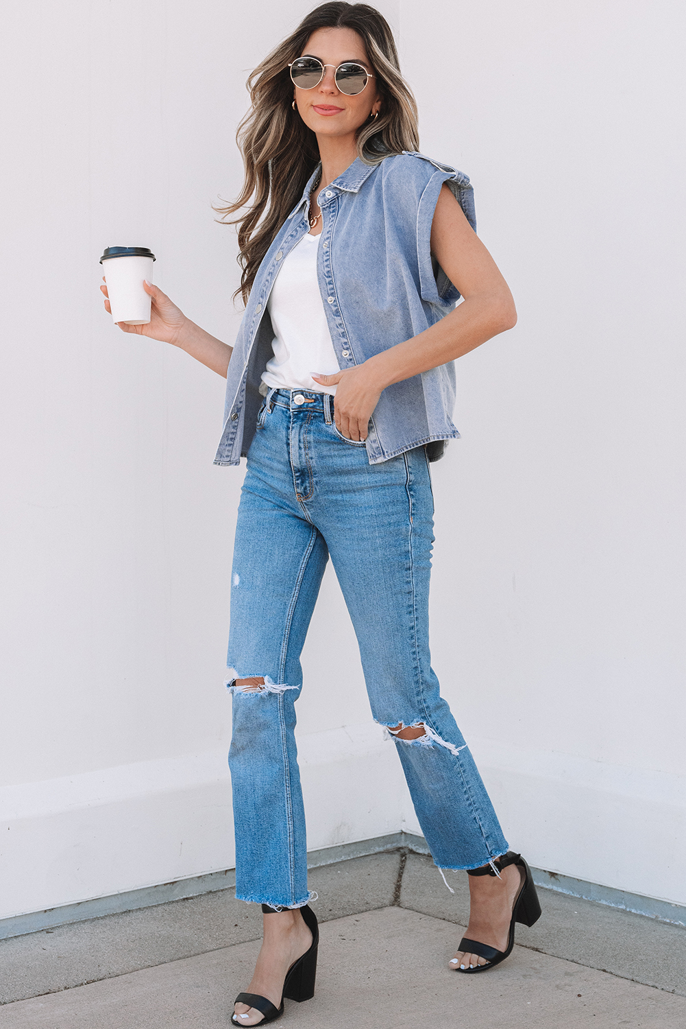 Casual Dusk Blue Denim Shirt with Button Detail and Folded Cap Sleeves - Detail View 6 Casual Dusk Blue Denim Shirt with Button Detail and Folded Cap Sleeves - Detail View 6