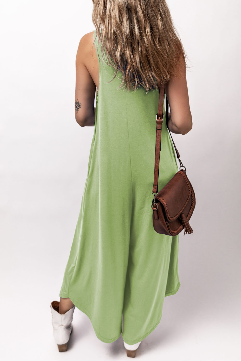 Women's V-Neck Summer Jumpsuit – Loose Wide Leg Sleeveless Shift Romper, Grass Green Casual Wear - Detail View 2 Women's V-Neck Summer Jumpsuit – Loose Wide Leg Sleeveless Shift Romper, Grass Green Casual Wear - Detail View 2