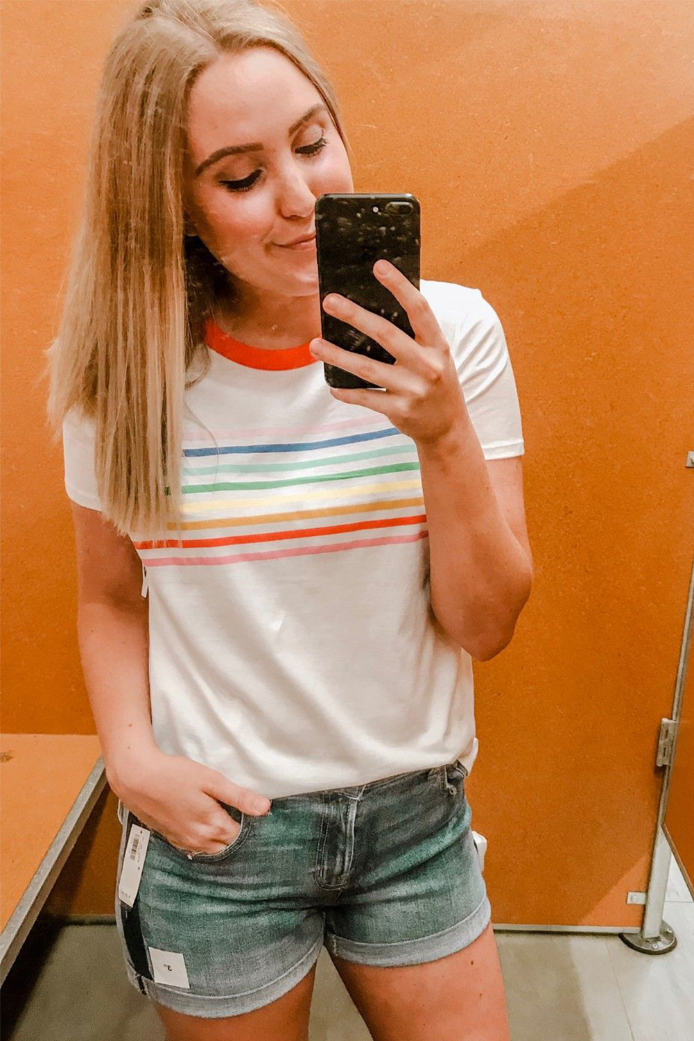 Chic Rainbow Striped Crewneck Tee with Contrast Neckline for Women - Detail View 2 Chic Rainbow Striped Crewneck Tee with Contrast Neckline for Women - Detail View 2