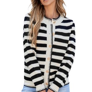 Chic Black Stripe Cardigan Sweater with Golden Buttons for Women - Main View