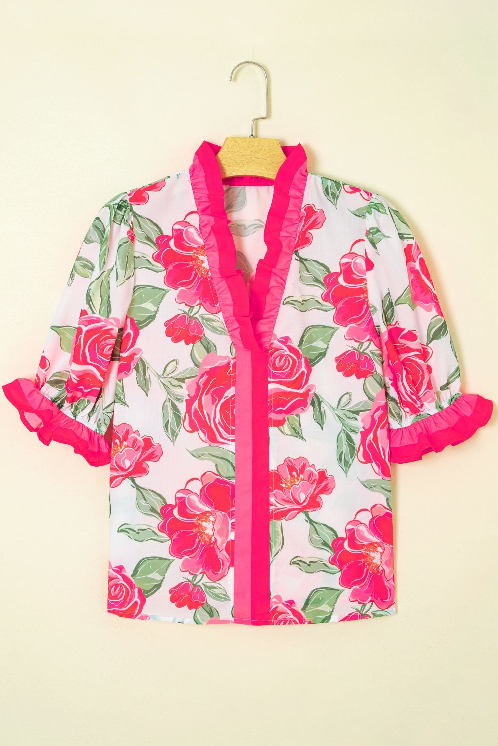 Women's Blouse, Rose Floral, Frilled V Neck, Short Sleeve, Casual Wear, Summer Style, Elegant, Ruffled Sleeves, Floral Pattern, Comfortable, Stylish, Tops, Blouses & Shirts - Detail View 4 Women's Blouse, Rose Floral, Frilled V Neck, Short Sleeve, Casual Wear, Summer Style, Elegant, Ruffled Sleeves, Floral Pattern, Comfortable, Stylish, Tops, Blouses & Shirts - Detail View 4