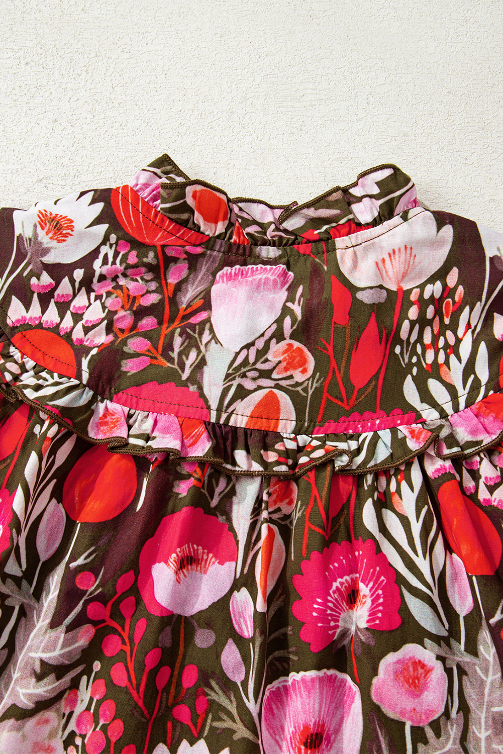 Women's Blouse, Red Floral, Three Quarter Sleeve, Lace-Up Neck, V Neck, Casual Style, Spring Fashion, Daily Wear, Cotton Blend, Elegant Design, Shift Silhouette, Knot Detail, Southern Belle Style - Detail View 8 Women's Blouse, Red Floral, Three Quarter Sleeve, Lace-Up Neck, V Neck, Casual Style, Spring Fashion, Daily Wear, Cotton Blend, Elegant Design, Shift Silhouette, Knot Detail, Southern Belle Style - Detail View 8