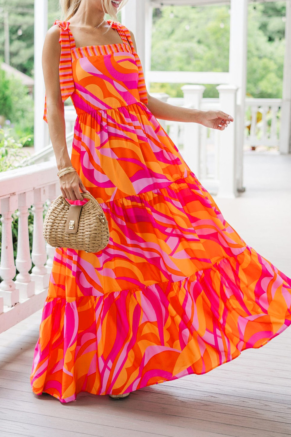 Stylish High Waist A-Line Maxi Dress with Playful Knotted Shoulder - Red Abstract Print - Detail View 2 Stylish High Waist A-Line Maxi Dress with Playful Knotted Shoulder - Red Abstract Print - Detail View 2