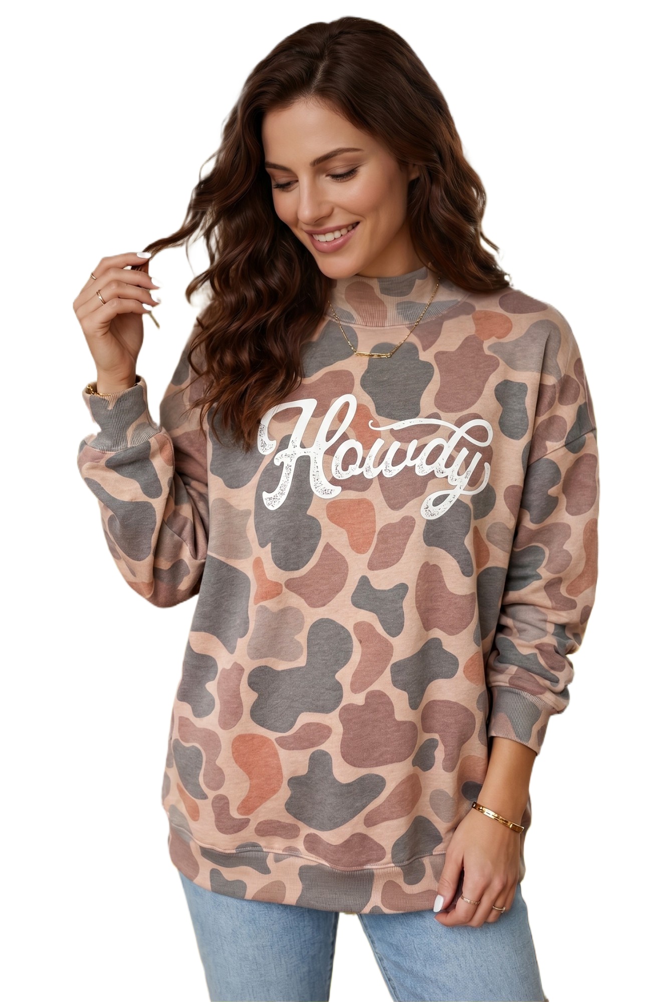 Women's Howdy Western Camo Pullover – Casual Mock Neck Top - Main View Women's Howdy Western Camo Pullover – Casual Mock Neck Top - Main View