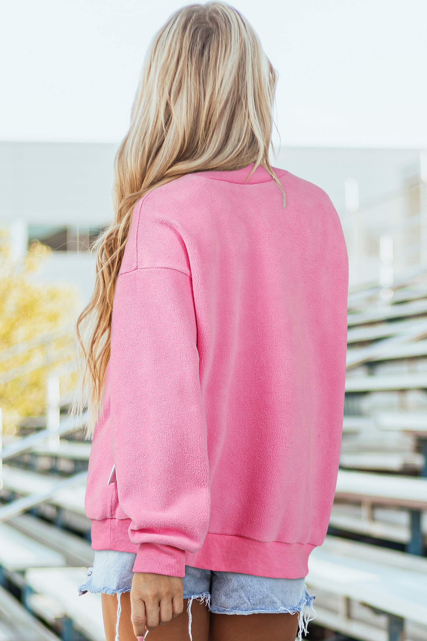 Casual Women's Bright Pink Reversible Mock Neck Sweatshirt – Stylish Oversized Fit for Autumn - Detail View 5 Casual Women's Bright Pink Reversible Mock Neck Sweatshirt – Stylish Oversized Fit for Autumn - Detail View 5