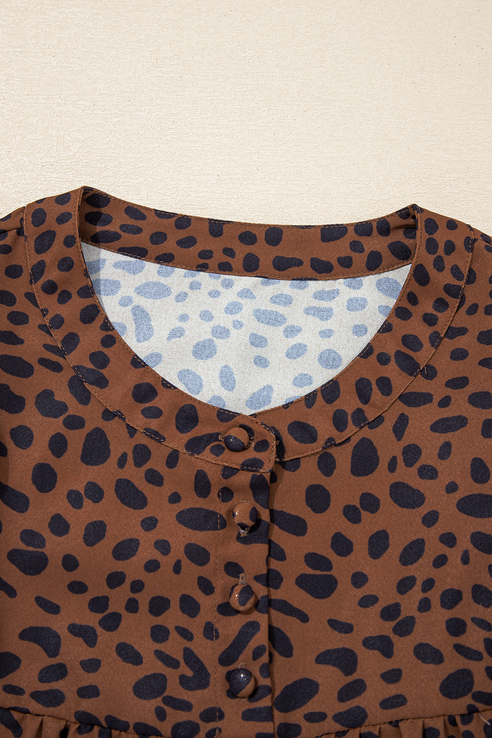 Elegant Brown Leopard Print Ruffled Puff Sleeve Blouse for Women - Detail View 5 Elegant Brown Leopard Print Ruffled Puff Sleeve Blouse for Women - Detail View 5