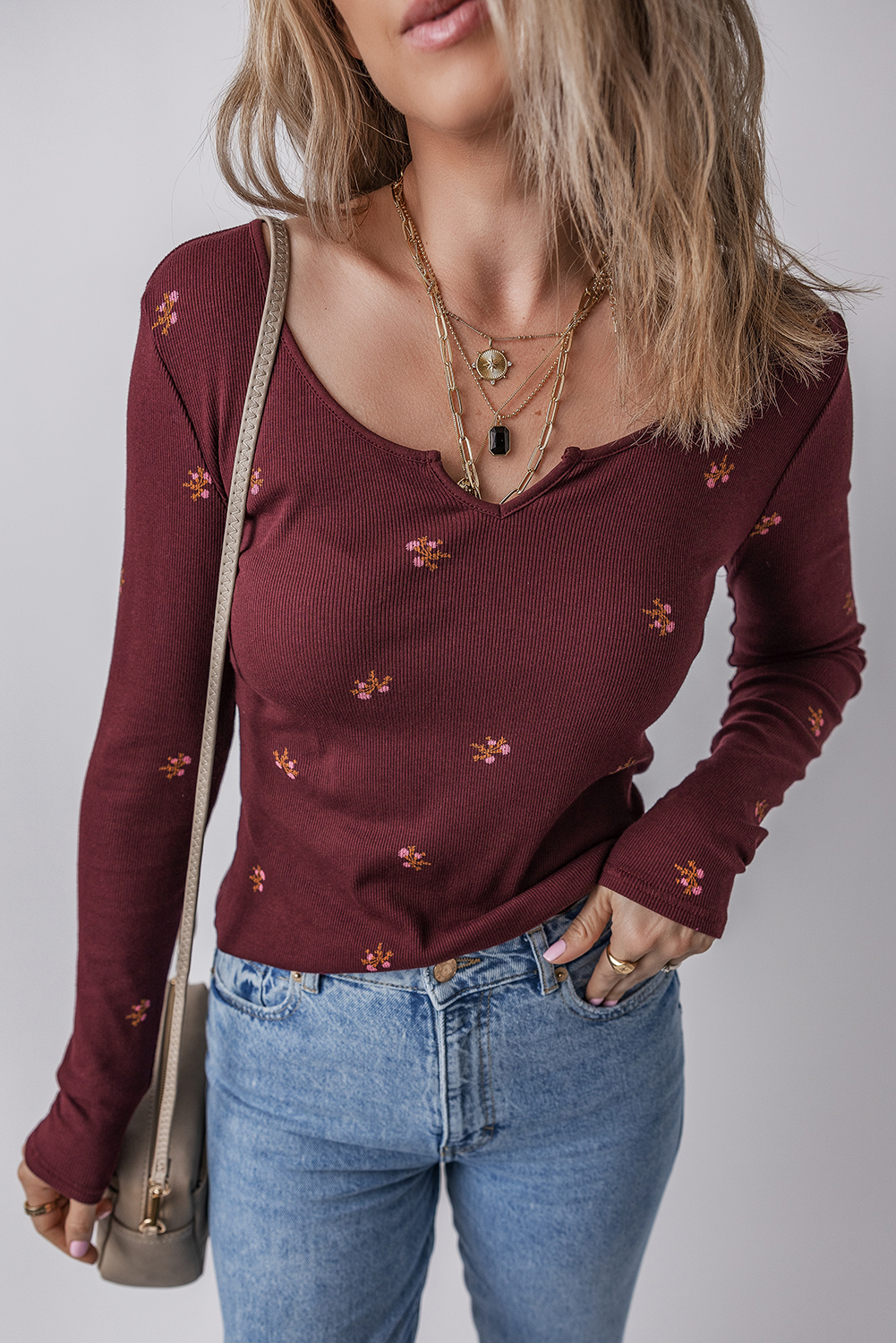 Stylish Long Sleeve Sheath Top in Burgundy - Perfect for Daily Wear - Detail View 3 Stylish Long Sleeve Sheath Top in Burgundy - Perfect for Daily Wear - Detail View 3